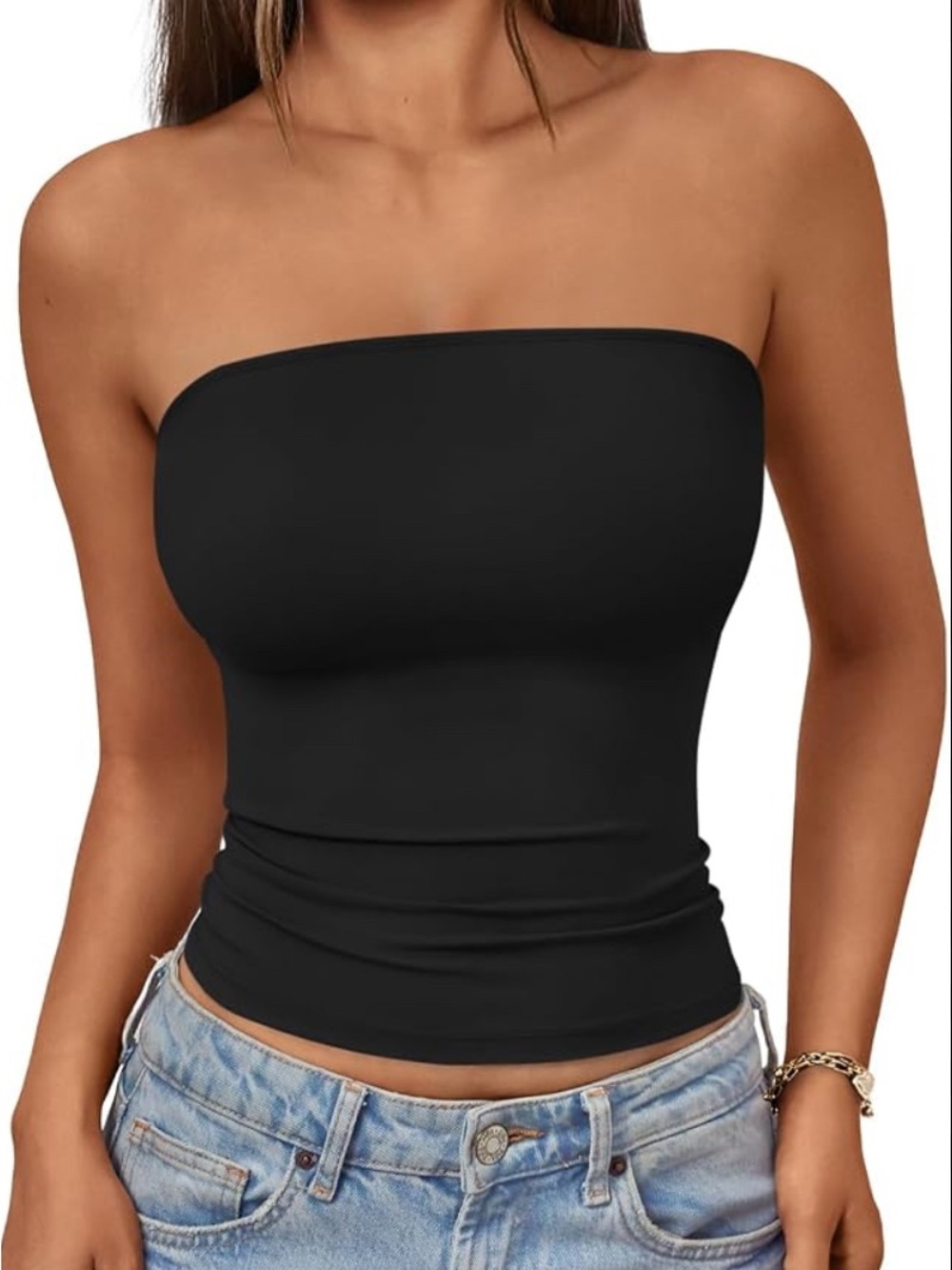Stretchy Solid Black Strapless Pull On Tube Top Tank